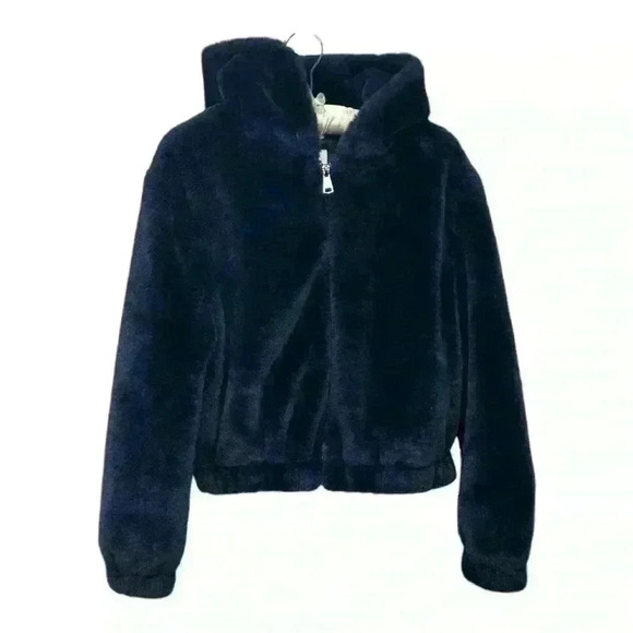 Avec Les Filles Navy Faux Fur Zip-Up Bomber Jacket with Hood, Size XS - Picture 1 of 7